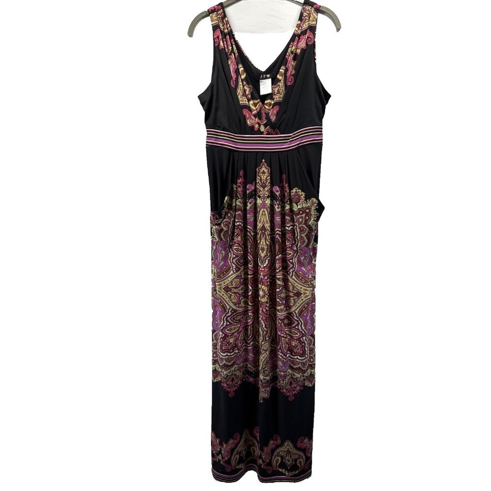 JFW Women's Maxi Dress Babydoll Medium Colorful Artsy Pockets V‎ Neck Y2K Vtg